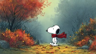 a cartoon character is walking in the woods Snoopy Halloween Ipad Laptop Pinterest Snoopy Fall Laptop, Snoopy Fall For Pc, Aesthetic Snoopy Fall Desktop, dim gray