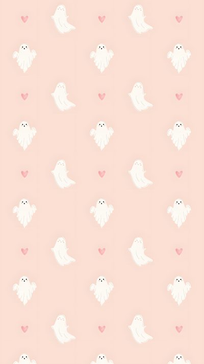 a pink wallpaper with white birds and hearts on the bottom half of it, Light Pink Halloween Pink Ghost, Halloween Screen Savers, Light Pink Fall, antique white