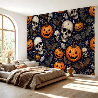 a bedroom decorated for halloween with pumpkins and skulls Halloween For Bedroom Contact Paper Wall, Paper Wall Decor, Accent, Statement Wall, Renter Friendly, gray