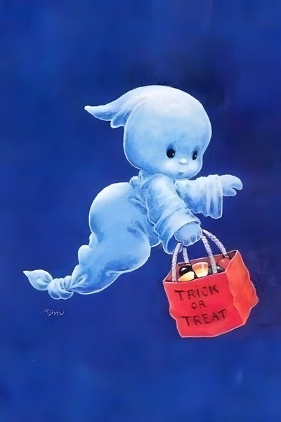 a painting of a baby elephant holding a trick or treat bag with the words trick or treat written on it Kewpie Halloween Cute Casper, Blue Halloween Characters, Nostalgic Halloween,