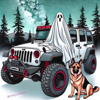 a dog is sitting next to a jeep with a ghost on it's hood Halloween Jeep Ghost Jeep, Halloween Jeep, Cartoon Jeep Wrangler, Cartoon Jeep Images, light slate gray