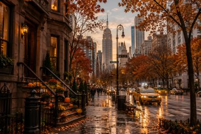 a city street filled with lots of traffic and trees covered in fall leaves during the day Halloween City New York Ipad, Fall Background Laptop, Fall City, Autumn Ipad, Ipad Fall, saddle brown