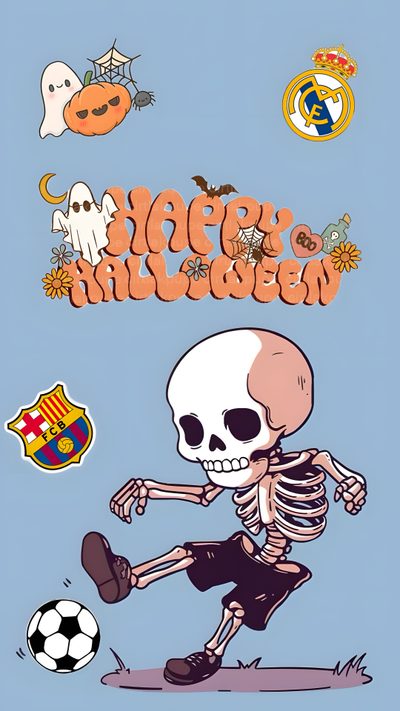 a skeleton playing with a soccer ball in front of the words happy halloween on a blue background Halloween Soccer Fall Soccer, Cute Football, Halloween Football Posters, 5sos Halloween, light steel blue