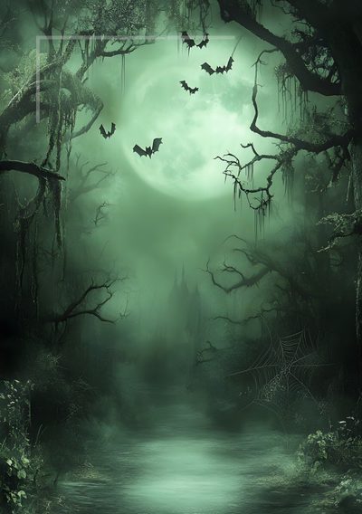 an image of a creepy forest with bats flying over the water and trees on either side Green Halloween Halloween Spooky Background, Halloween Background Dark Forest, Dark Spooky Background, dark slate gray