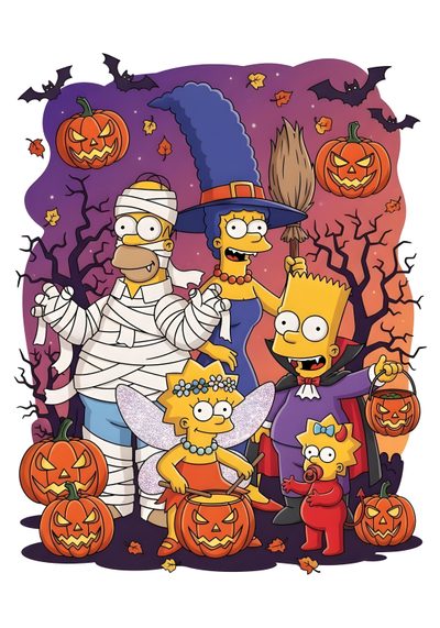 the simpsons family is dressed up for halloween with pumpkins and jack - o'- lanterns The Simpsons Halloween The Simpson Halloween, Simpsons Characters, Pbs Cartoons, Art Parody, dark salmon