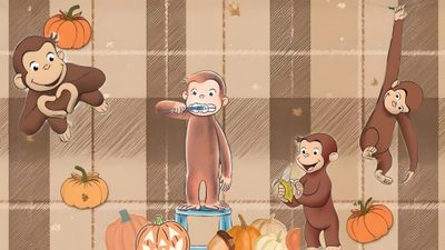 an image of monkeys and pumpkins on a plaid tablecloth with the words happy halloween Curious George Ipad Halloween Ipad, Curious George Widget Halloween, Curious George, rosy brown