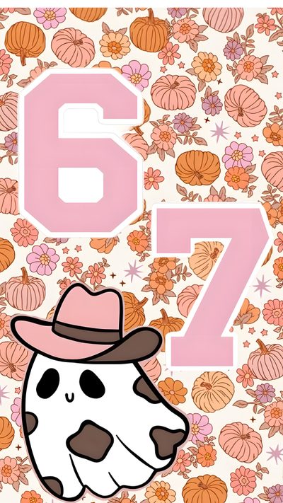the number seven with a cow wearing a hat on it's head in front of flowers 67 Halloween Iphone Preppy, Halloween Iphone Backgrounds, Beautiful Summer, Preppy Stickers, light pink