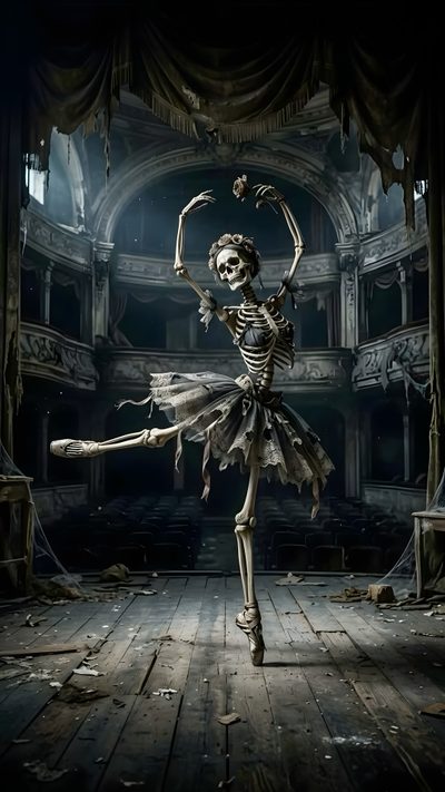 a skeleton ballerina is dancing in an old fashion theatre with her arms stretched out Halloween Ballerina Skeleton Playing Organ, Skeleton Dancing, Skeleton Ballerina, Dancing Skeleton, black