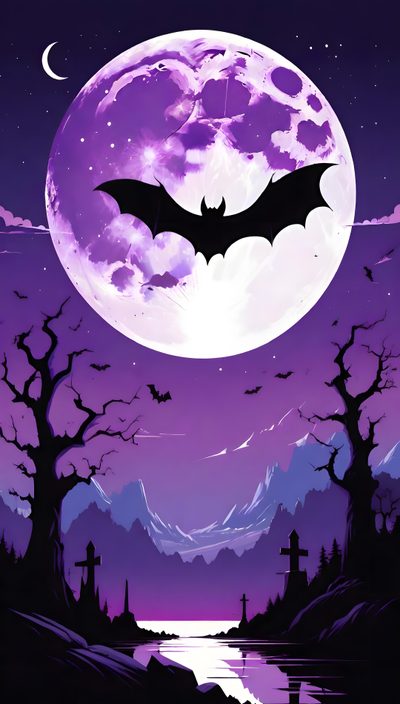 a full moon with bats flying in the sky above water and trees on either side Halloween Bat Moon Purple Large Halloween Vibes, Purple Moon Bat Design, Purple Gradient Bat Art, dark slate blue