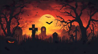 a halloween scene with pumpkins and bats Hi Res Halloween Halloween Landscape, Screen, Computer Backgrounds, Halloween Desktop, black