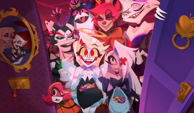 an image of cartoon characters standing in front of the door to their room with mirrors on the wall Hazbin Hotel Halloween Cast Art, Hotel Trivago, Angel Drawing, Blue Clocks, Monster Hotel, dark slate gray