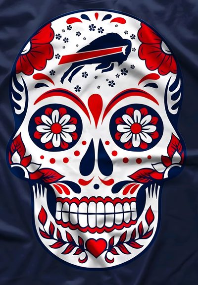 a skull with red and blue flowers on it Buffalo Bills Halloween Buffalo Bills Face Paint, Buffalo Bills Tattoo, Buffalo Bills Tattoo Ideas, dark slate gray