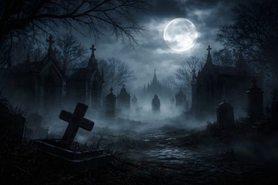 a creepy graveyard at night with the moon in the sky Halloween Graveyard Graveyard Landscape, Grave Yard Background, Night Graveyard Background, black