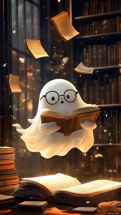 a ghost reading a book while flying through the air in front of bookshelves Halloween Reading Computer Desktop, Animated Cute Ghost 4k, Hd Iphone, Desktop, Geist, Cool, dark slate gray