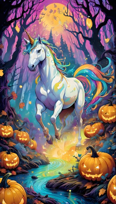 a painting of a unicorn running through the woods with pumpkins and trees in the background Halloween Unicorn Unicorn In Fire, Unicorn Running In Autumn Landscape, Unicorn Skeleton Background Hd, dim gray
