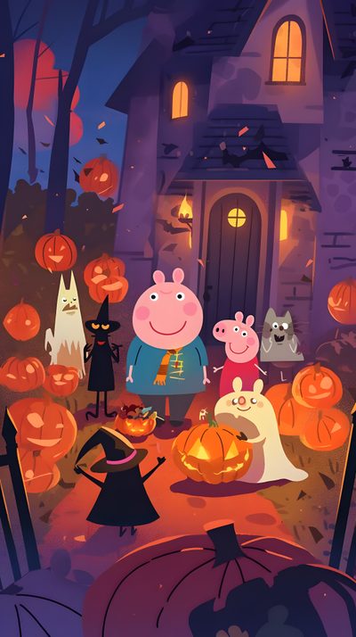 pepo and friends in front of a house with pumpkins on the ground at night Peppa Pig Halloween Computer, Mummy Pig, Mobile, Halloween Peppa Pig Pumpkin, 1, Peppa Pig, dark slate gray