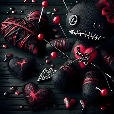 the voodoo doll is surrounded by red and black hearts, needles, and yarns Halloween Voodoo Doll Gothic Aesthetic, Voodoo Doll Dark Theme, Voodoo Magic, Voodoo Love Doll, black