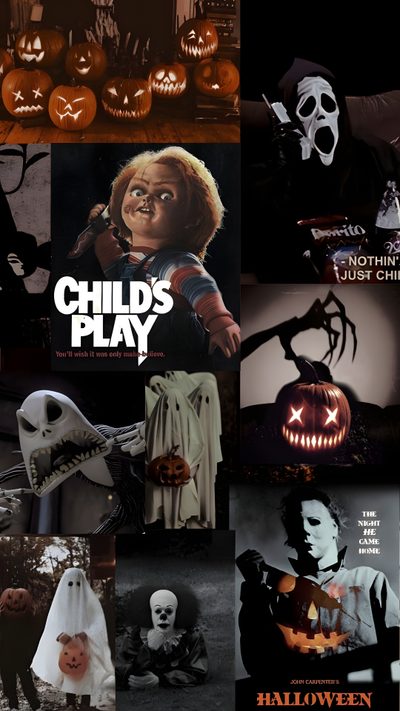 many different halloween pictures with pumpkins and ghost faces Halloween Iphone Movies And Shows Halloween Horror Iphone, Halloween Movie Iphone, Chucky And Ghostface, black