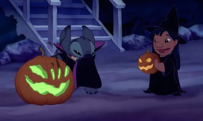 two children dressed up as witches holding pumpkins in front of a house at night Stitch Halloween Laptop Lilo And Stitch Opening Scene, Disney Characters Halloween Costumes, Lilo And Stitch Movie Scene, dark slate gray