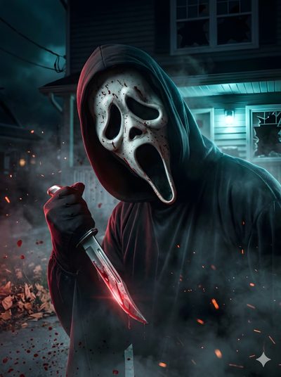 a person wearing a mask and holding a knife in front of a house at night Halloween Scary Ghostface Scary Movie, Dragon Ball Iphone, Pitbull Art, Scary Movie Characters, black