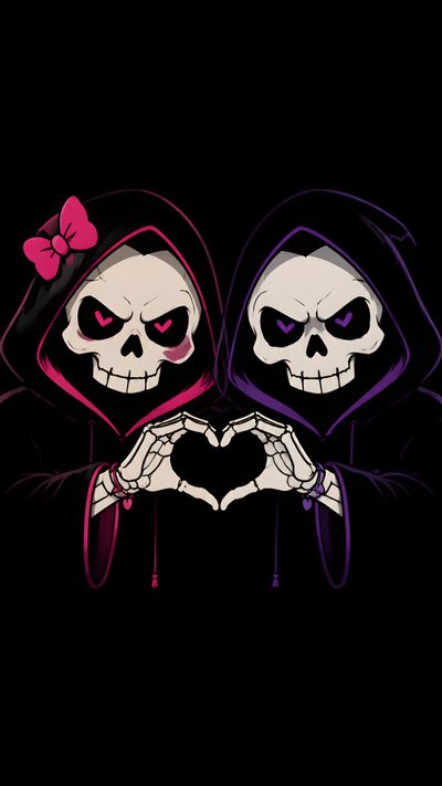 two skeletons holding hands in the shape of a heart with a pink bow on their head Matching Halloween Couple, Matching, Grim Reaper, Love, Diy Shirt, In The Flesh, black