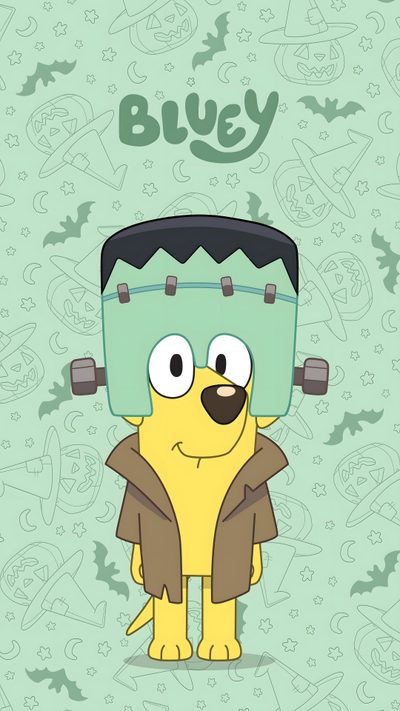 the cartoon character is wearing a hat and jacket with his eyes closed, while standing in front of a green background Bluey Halloween Iphone Bingo Halloween, Bluey Thanksgiving, Bluey Fall, Bluey And Bingo Fall, light gray
