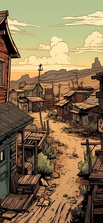 an old western town is depicted in this digital art style illustration, with buildings and dirt roads Aesthetic Western Halloween Western Village, Old West Background, Old West, Western 4k Phone, sienna