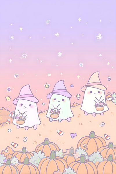 three cute little bears standing in the middle of pumpkins with hats on their heads Pastel Pastel Aesthetic Halloween Aesthetic Kawaii Cute Halloween, Kawaii Halloween Background Aesthetic, Kawaii Aesthetic Cute Halloween Backgrounds, gainsboro