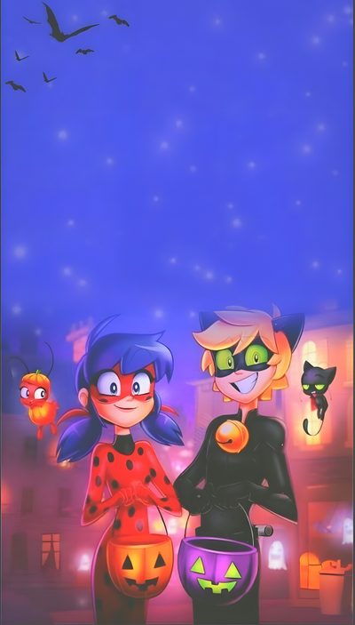 two children dressed up in halloween costumes standing next to each other with bats and pumpkins Miraculous Ladybug Halloween Miraculous Halloween, Miraculous Ladybug Halloween, Ladybug Halloween, royal blue