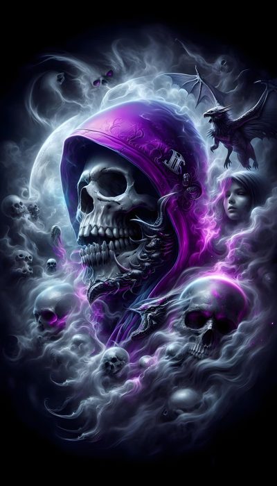 a skull wearing a purple hoodie surrounded by skulls and other demonic looking creatures in the background Halloween Skull Purple Custom Awesome Skull, Skull Artwork, Skull Pictures Dark, Skull Art, midnight blue