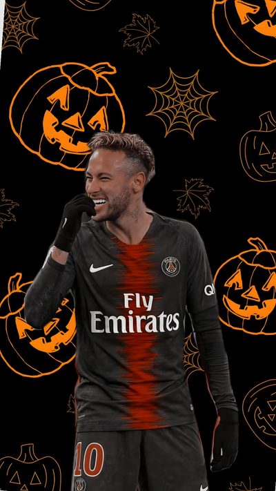 a man in a black and orange soccer uniform with pumpkins on the wall behind him Football Halloween Psg Paris, 10 Things, black