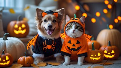 a dog and cat dressed up in halloween costumes with pumpkins around the dogs head Cute Dog And Cat Halloween Pet-friendly Halloween Celebration, Halloween Dog Hd, Halloween Themed Pet Photo, dark olive green