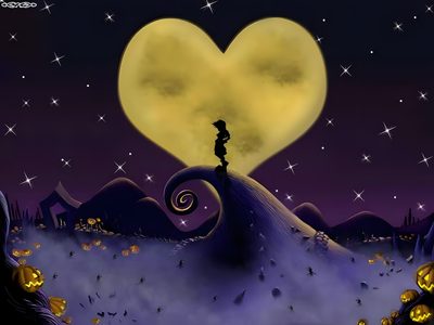 a person standing on top of a hill with a heart shaped moon in the background Halloween Town Sora Kingdom Hearts Tree, Kingdom Hearts Moon, Kh Background, dark slate gray