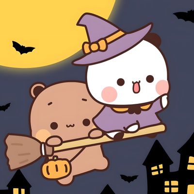 a cartoon bear flying in the sky with a witch hat on it's head Bubu Dudu Halloween Mocha And Milk Bear Matching Pfp Halloween, Milk And Mocha Matching Icons Halloween, Milk And Mocha Bear Halloween, dim gray