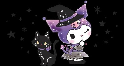 a black cat and a purple witch are standing next to each other in front of stars Kuromi Halloween Desktop Kuromi As A Witch, Kuromi Landscape, Kuromi Purple Laptop, Kuromi Hd Pc, black