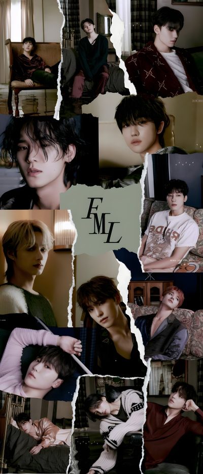 the collage shows many different people in their own photos, including one with his eyes closed Seventeen Halloween Fml Svt, Fml Seventeen Group Photo, Seventeen Fml Lyrics, Super Seventeen, dark slate gray