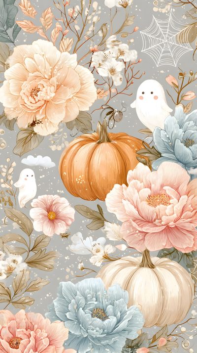 a floral wallpaper with pumpkins and flowers Halloween Floral Custom Halloween Cute, Pumpkin Theme, Cellphone, Cellphone Backgrounds, Pastel Fall, silver