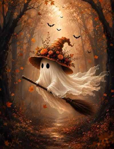 a painting of a white ghost with a broom Halloween Spirit Whimsical Witch Aesthetic, Cozy Ghost, Vintage Halloween, saddle brown
