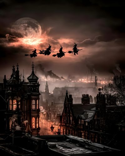 a group of people flying through the air over a city under a moon filled sky Witcher Halloween Dark Halloween Night, Salem Halloween Night, Gothic Halloween, black