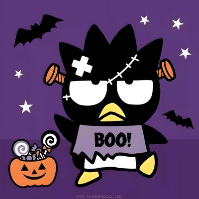 an image of a cartoon bird with boo on it's chest next to a pumpkin Badtz Maru Halloween Badtz Maru Halloween, Badtz Maru Halloween Costume, Sanrio Characters Halloween, dark slate blue