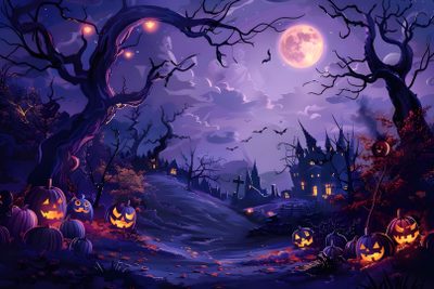 a halloween scene with pumpkins on the ground Halloween Party Halloween Spooky, Halloween Landscape Background, Halloween 4k, midnight blue