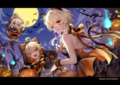 two women dressed in halloween costumes standing next to each other with pumpkins on the ground Genshin Impact Halloween Lumine And Yoimiya, Genshin Halloween, Genshin Impact Halloween, dim gray