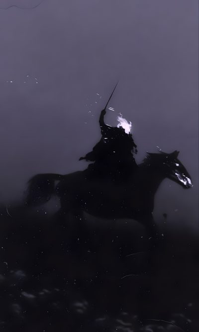 black and white photograph of a man on a horse in the foggy night sky Halloween Headless Horseman Animated Horse, Headless Horseman Black And White, Grim Background, dark slate gray