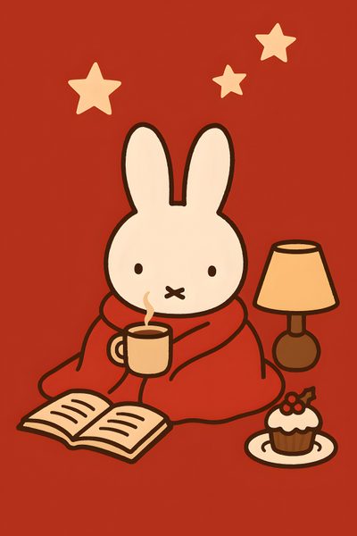 a rabbit is sitting at a table with a cup of coffee and an open book Miffy Halloween Miffy New Year, Miffy Autumn, Cute Miffy, Miffy Kindle, Miffy Christmas Card, firebrick