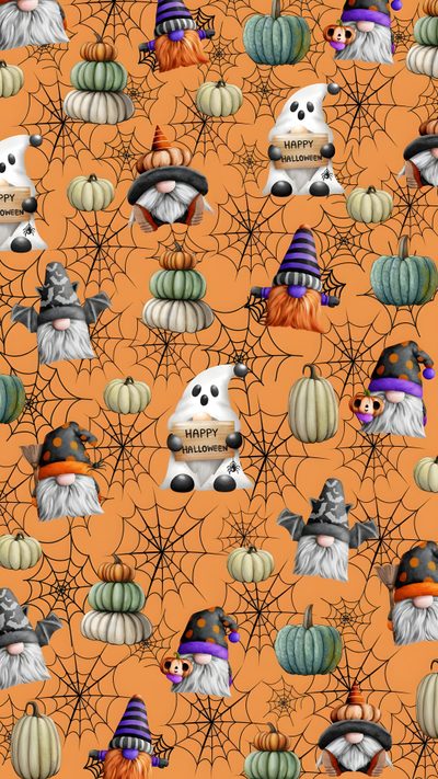 an orange background with lots of pumpkins and witches Gnome Halloween Gnome Background Aesthetic, Gnomes Background, Gnome Fall, Halloween Gnome Iphone, peru