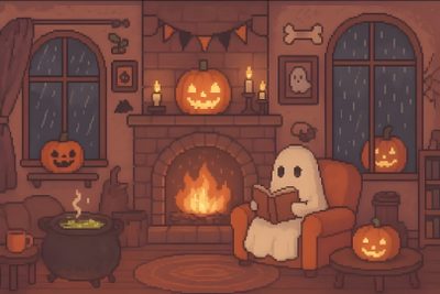 a living room decorated for halloween with pumpkins on the fireplace and ghost reading a book Preppy Halloween Desktop Fall Computer Backgrounds, Desktop Fall, Halloween Desktop, October, saddle brown