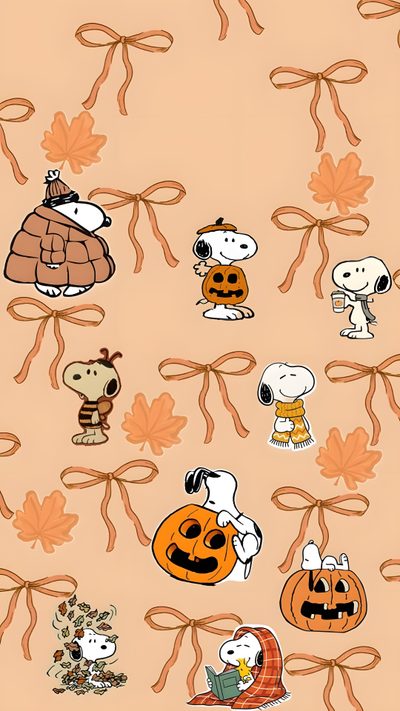 peanuts and jack - o'- lanterns are tied together Preppy Halloween Snoopy Background Snoopy Halloween, Snoopy Fall, Preppy Halloween Snoopy, burlywood