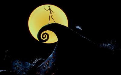 the silhouette of a person standing on top of a wave in front of a full moon This Is Halloween 4k Robert Ford, The Nightmare Before Christmas, Thelma Y Louise, black