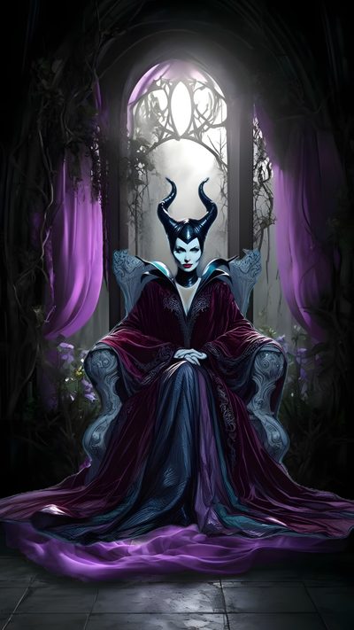 a woman sitting in a chair with horns on her head and purple dress around her neck Maleficent Halloween Unicorn Pictures, Disney Movie Villains, Gothic Disney Princesses, black
