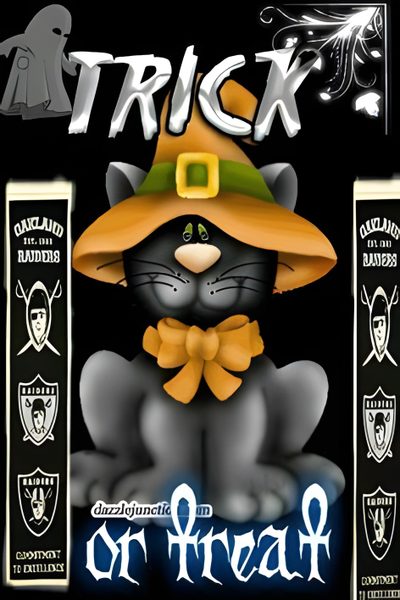 a black cat wearing a witches hat and bow tie with the words trick on it Raiders Halloween Raiders Thanksgiving, Happy Thanksgiving Raiders, Las Vegas Raiders Happy Birthday, dark slate gray